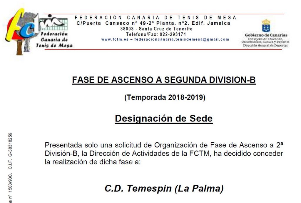 Sede Fase de ascenso - Federación Canaria de Tenis de Mesa